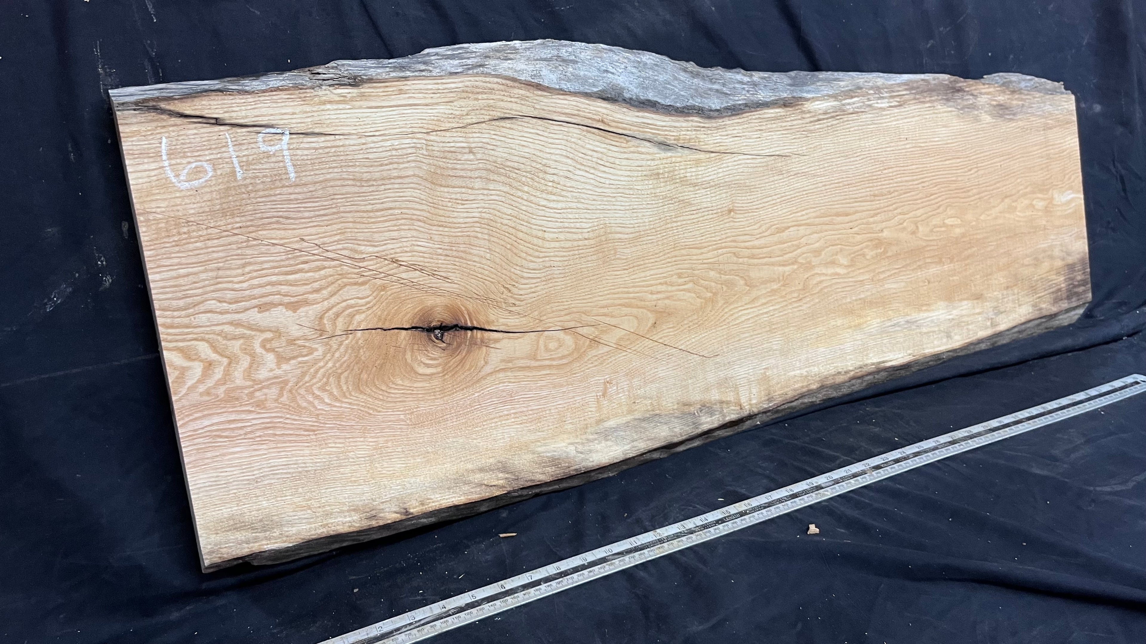 Coffee table top, ash boards, shelving 1169 L x 432 W x 29 D mm       (619)