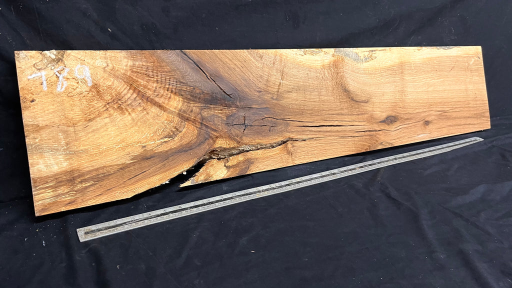 Hardwood shelf, spalted turkey oak, mantle.  1142 L x 236 W x 42 D mm    (789)