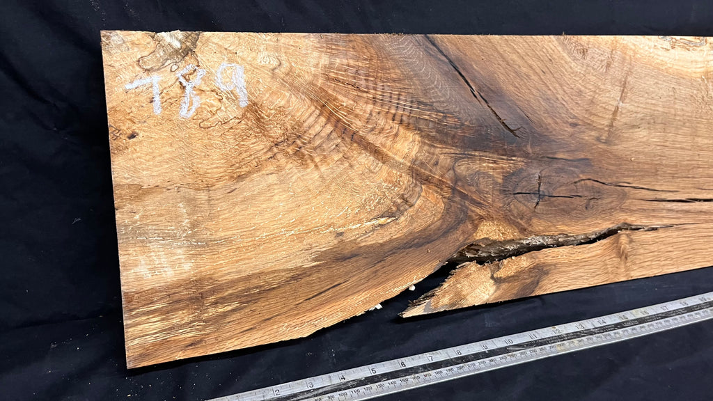 Hardwood shelf, spalted turkey oak, mantle.  1142 L x 236 W x 42 D mm    (789)