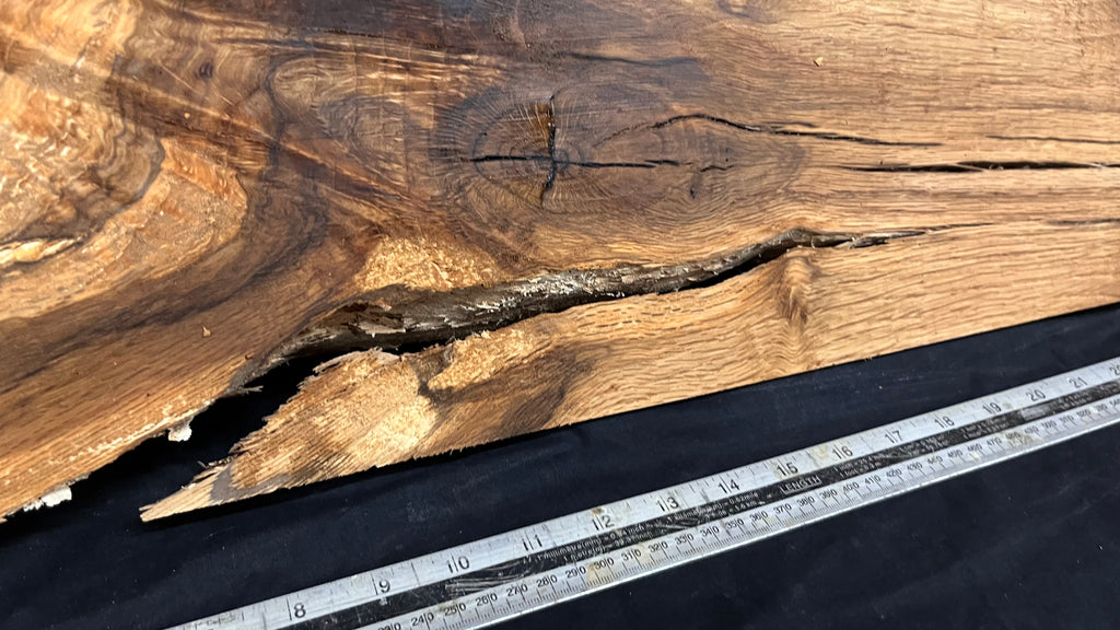 Hardwood shelf, spalted turkey oak, mantle.  1142 L x 236 W x 42 D mm    (789)