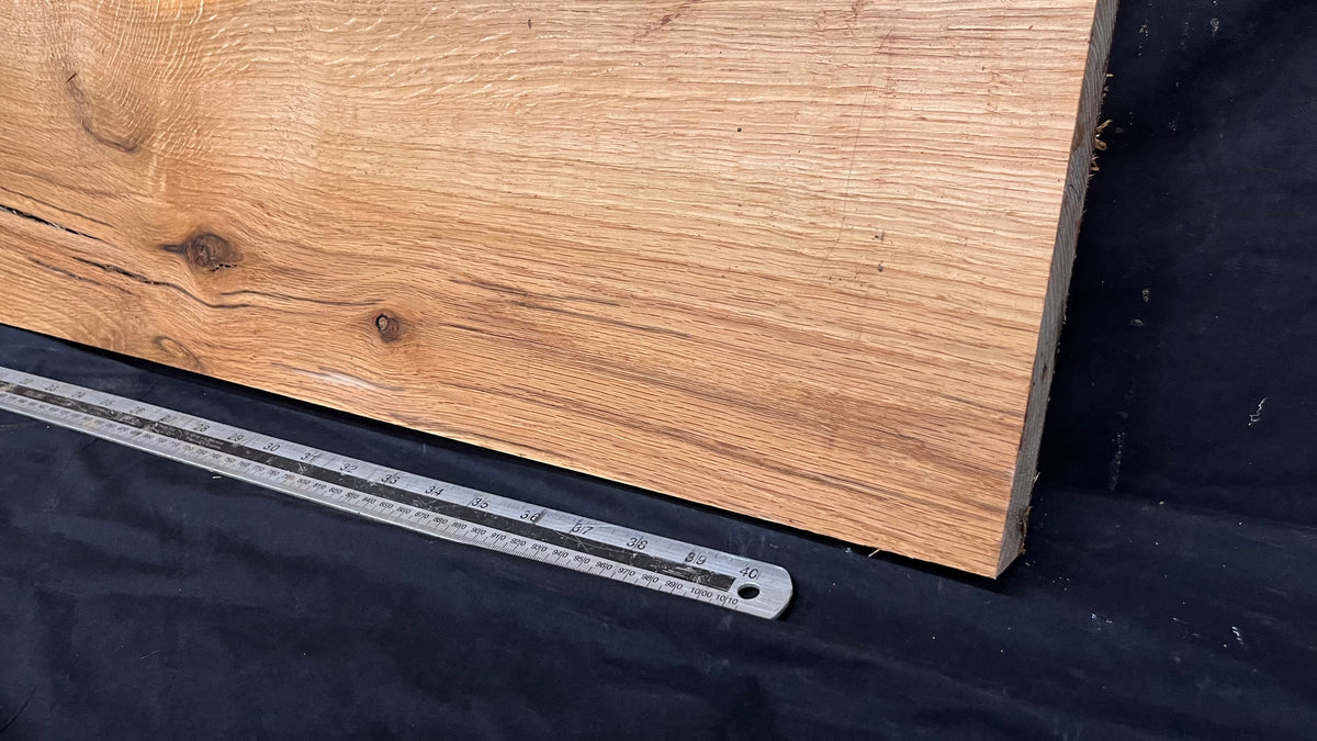 Hardwood shelf, spalted turkey oak, mantle.  1142 L x 236 W x 42 D mm    (789)