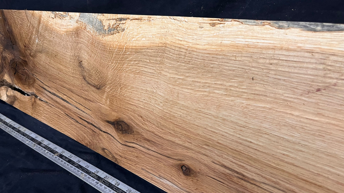 Hardwood shelf, spalted turkey oak, mantle.  1142 L x 236 W x 42 D mm    (789)