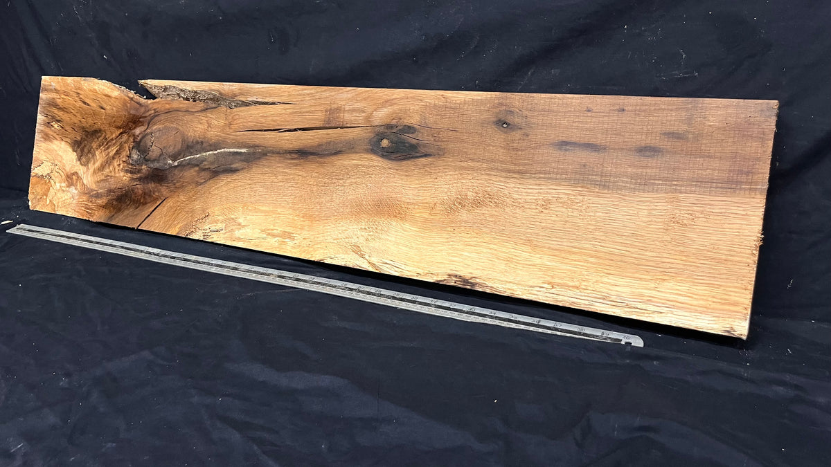 Hardwood shelf, spalted turkey oak, mantle.  1142 L x 236 W x 42 D mm    (789)