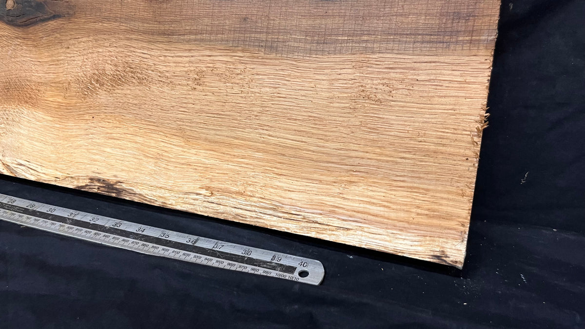 Hardwood shelf, spalted turkey oak, mantle.  1142 L x 236 W x 42 D mm    (789)
