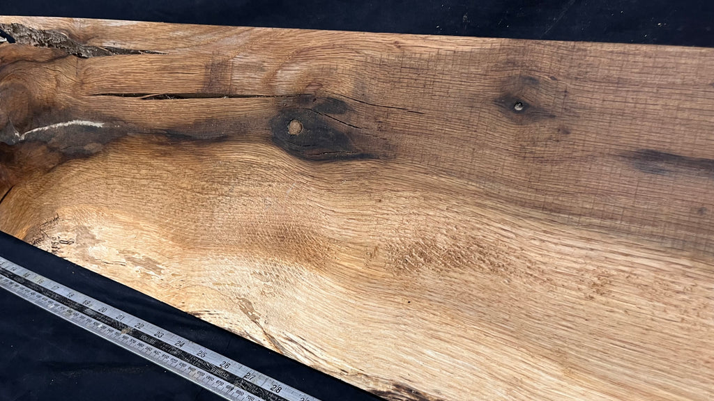Hardwood shelf, spalted turkey oak, mantle.  1142 L x 236 W x 42 D mm    (789)