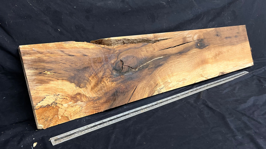 Hardwood shelf, spalted turkey oak, mantle.  1142 L x 236 W x 42 D mm    (789)