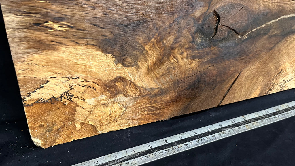 Hardwood shelf, spalted turkey oak, mantle.  1142 L x 236 W x 42 D mm    (789)