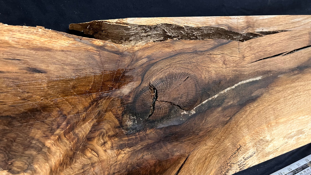 Hardwood shelf, spalted turkey oak, mantle.  1142 L x 236 W x 42 D mm    (789)