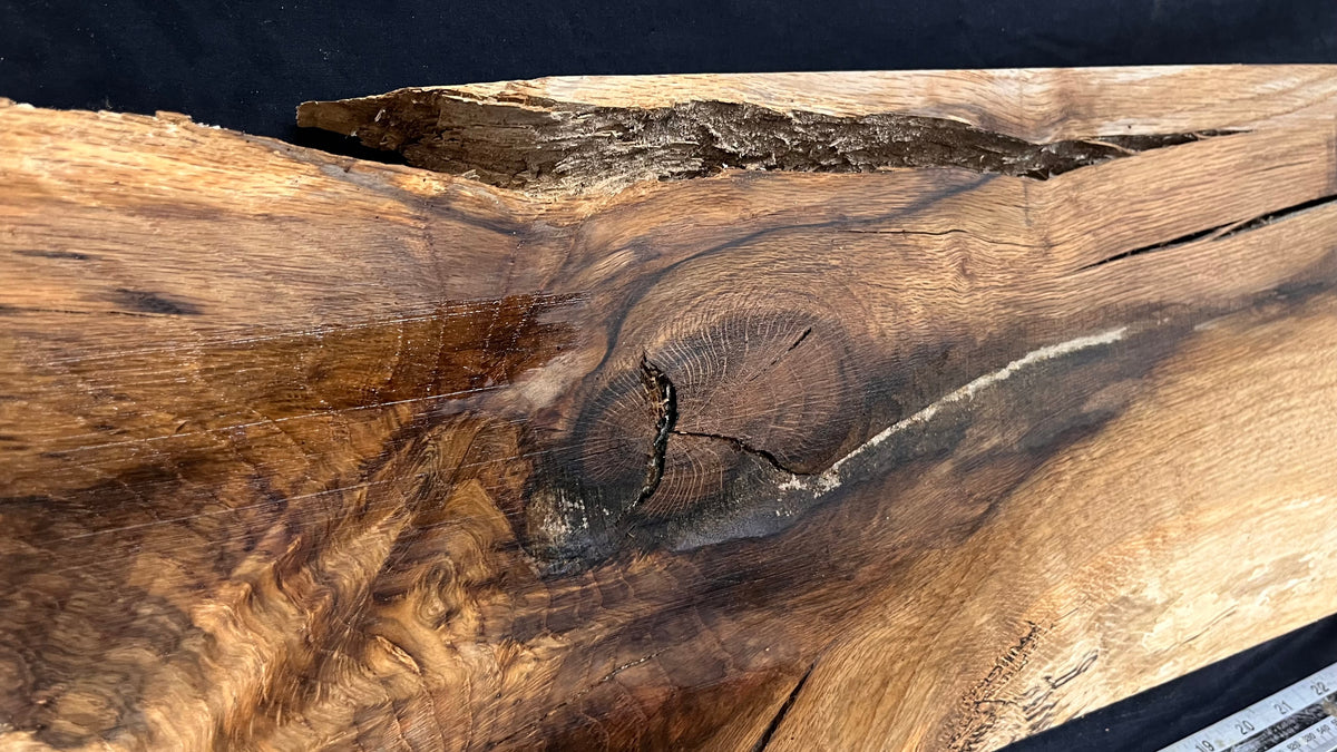 Hardwood shelf, spalted turkey oak, mantle.  1142 L x 236 W x 42 D mm    (789)