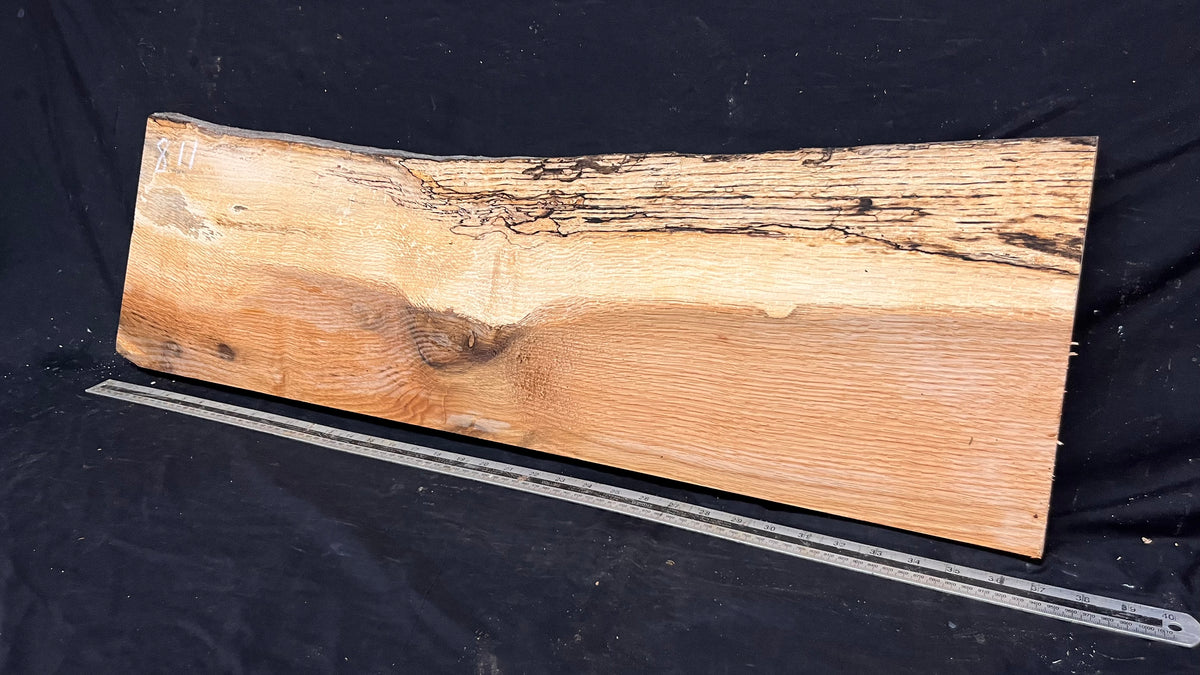 Hardwood shelf, spalted turkey oak, mantle.  949 L x 290 W x 35 D mm    (811)