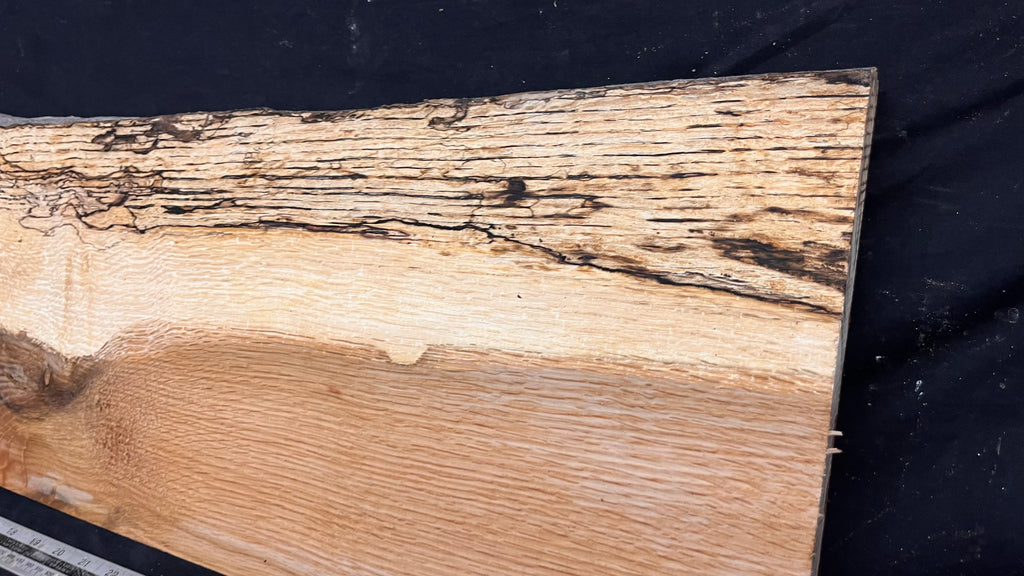 Hardwood shelf, spalted turkey oak, mantle.  949 L x 290 W x 35 D mm    (811)
