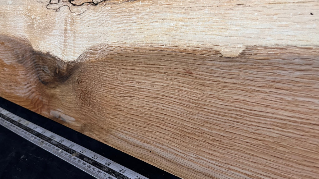 Hardwood shelf, spalted turkey oak, mantle.  949 L x 290 W x 35 D mm    (811)