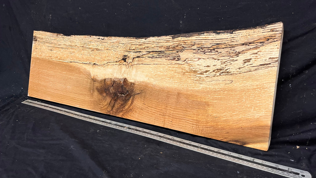 Hardwood shelf, spalted turkey oak, mantle.  949 L x 290 W x 35 D mm    (811)