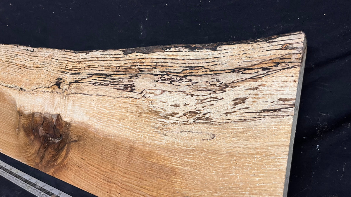 Hardwood shelf, spalted turkey oak, mantle.  949 L x 290 W x 35 D mm    (811)