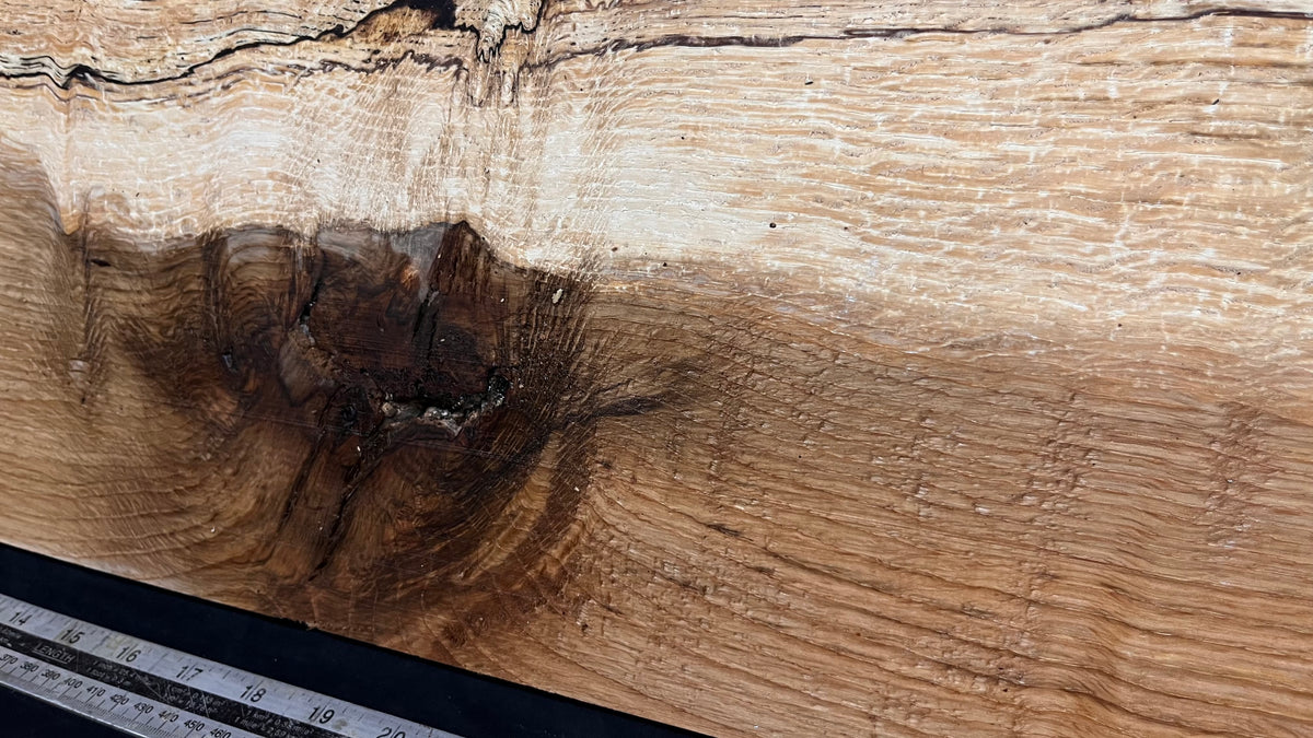 Hardwood shelf, spalted turkey oak, mantle.  949 L x 290 W x 35 D mm    (811)