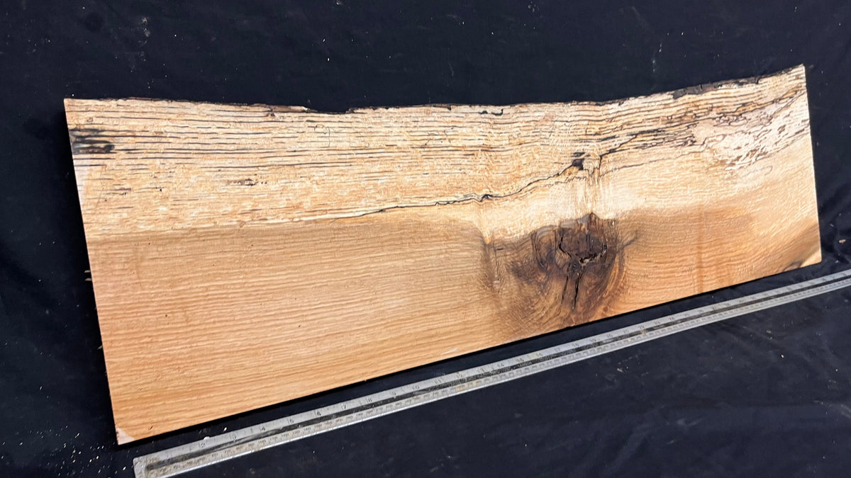 Hardwood shelf, spalted turkey oak, mantle.  949 L x 290 W x 35 D mm    (811)