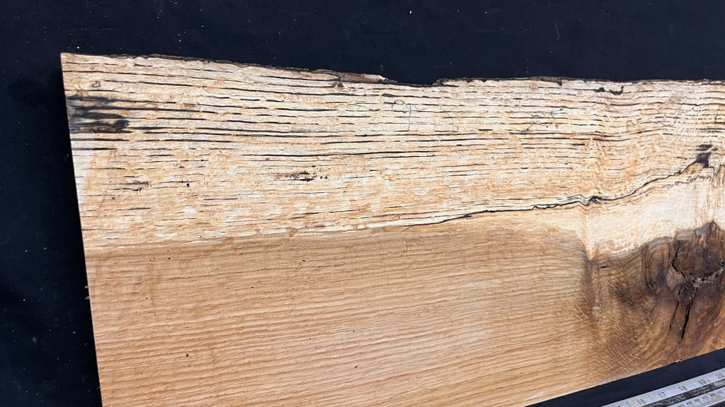 Hardwood shelf, spalted turkey oak, mantle.  949 L x 290 W x 35 D mm    (811)