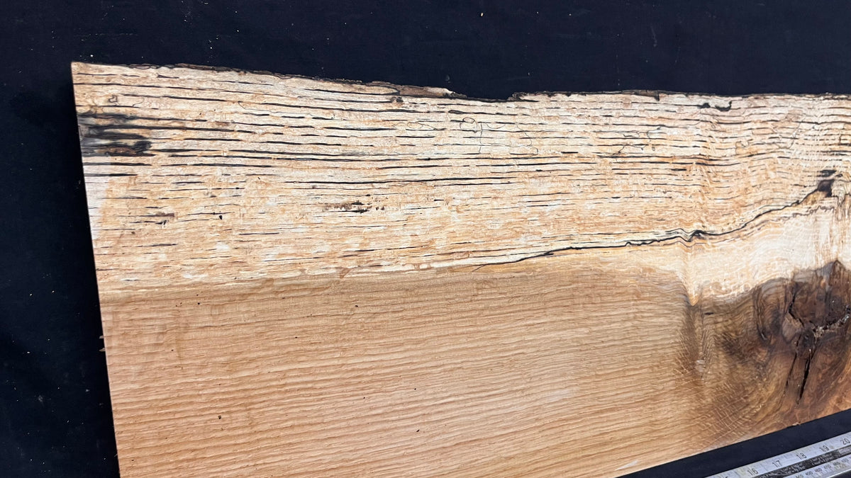 Hardwood shelf, spalted turkey oak, mantle.  949 L x 290 W x 35 D mm    (811)