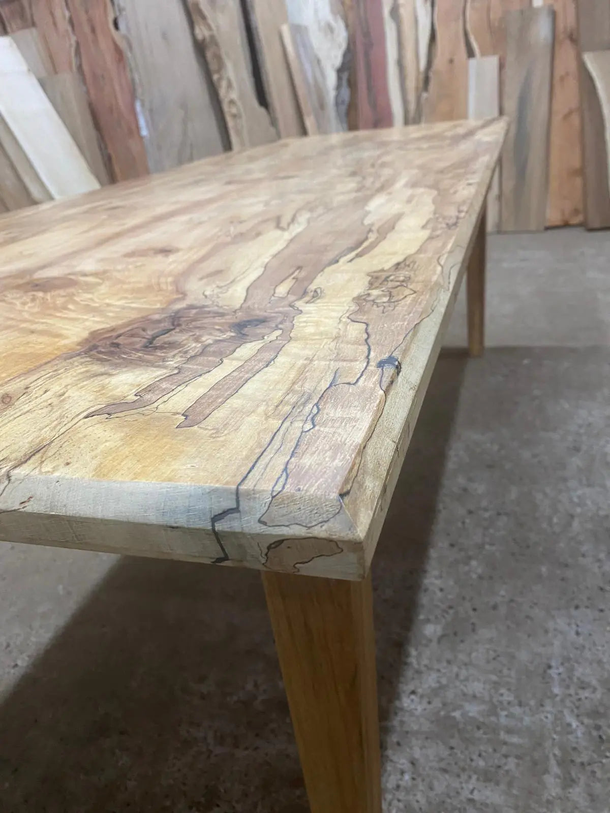 Spalted Beech Dining Table On Tapered Oak Legs 6-8 Seater. Dining Tables